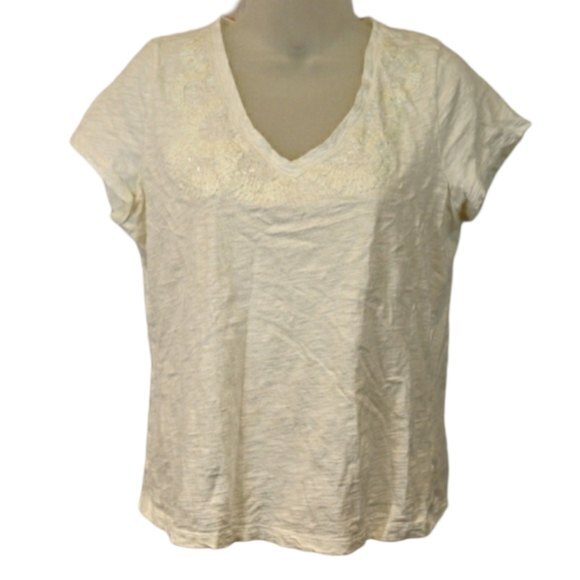 Talbots White Beaded Collar V Neck Cotton Embroidered TShirt Top L - Picture 2 of 12